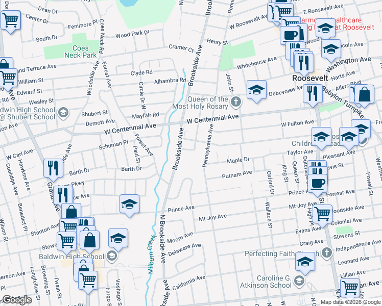 map of restaurants, bars, coffee shops, grocery stores, and more near 6 Catlin Avenue in Roosevelt