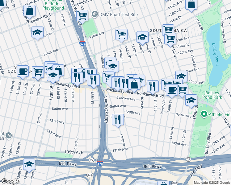 map of restaurants, bars, coffee shops, grocery stores, and more near 140-18 Rockaway Boulevard in Queens
