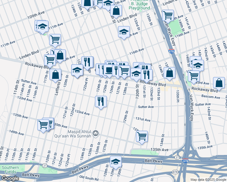 map of restaurants, bars, coffee shops, grocery stores, and more near 117-43 126th Street in Queens
