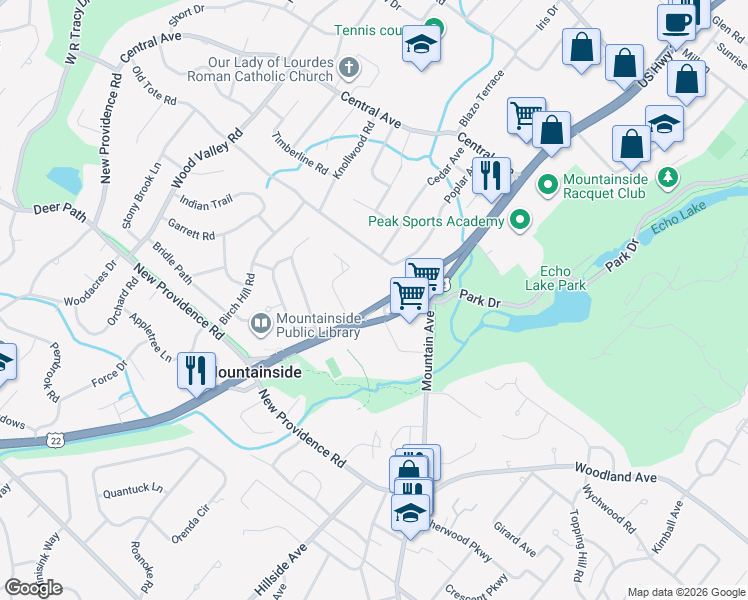 map of restaurants, bars, coffee shops, grocery stores, and more near 1340 U.S. 22 in Mountainside
