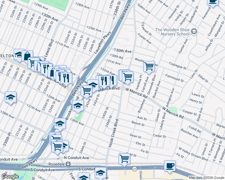 map of restaurants, bars, coffee shops, grocery stores, and more near 244-10 Merrick Boulevard in Queens