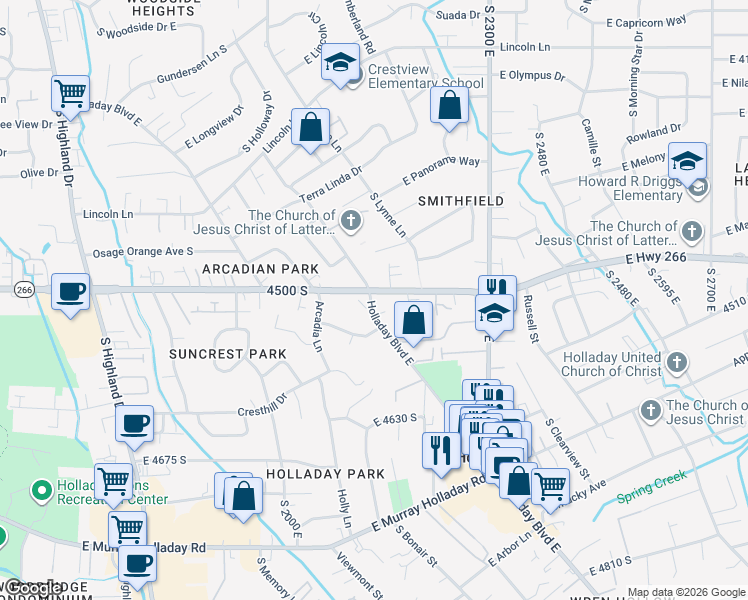 map of restaurants, bars, coffee shops, grocery stores, and more near 2140 East 4500 South in Holladay