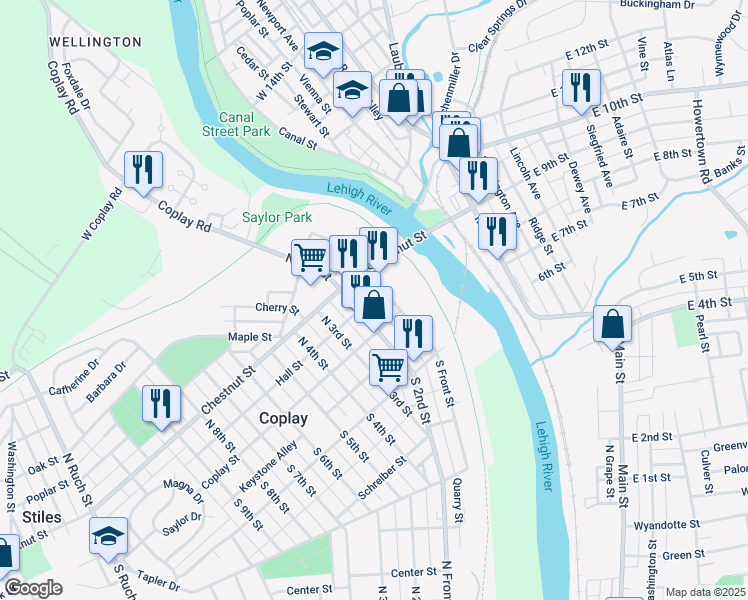 map of restaurants, bars, coffee shops, grocery stores, and more near 1 Strawberry Alley in Coplay