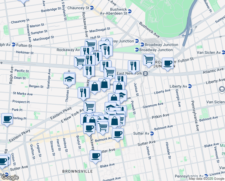 map of restaurants, bars, coffee shops, grocery stores, and more near 219 Mother Gaston Boulevard in Brooklyn