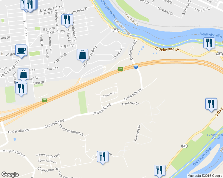 map of restaurants, bars, coffee shops, grocery stores, and more near 332 Cedar Park Boulevard in Easton