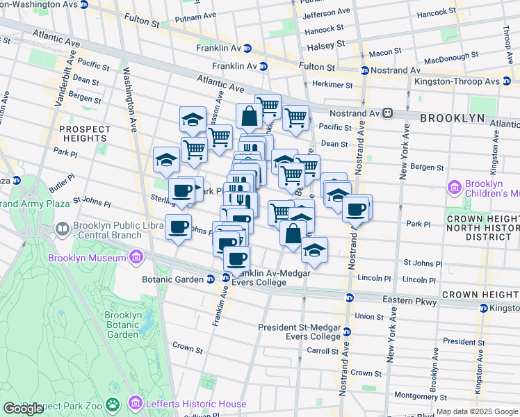 map of restaurants, bars, coffee shops, grocery stores, and more near 648 Park Place in Brooklyn