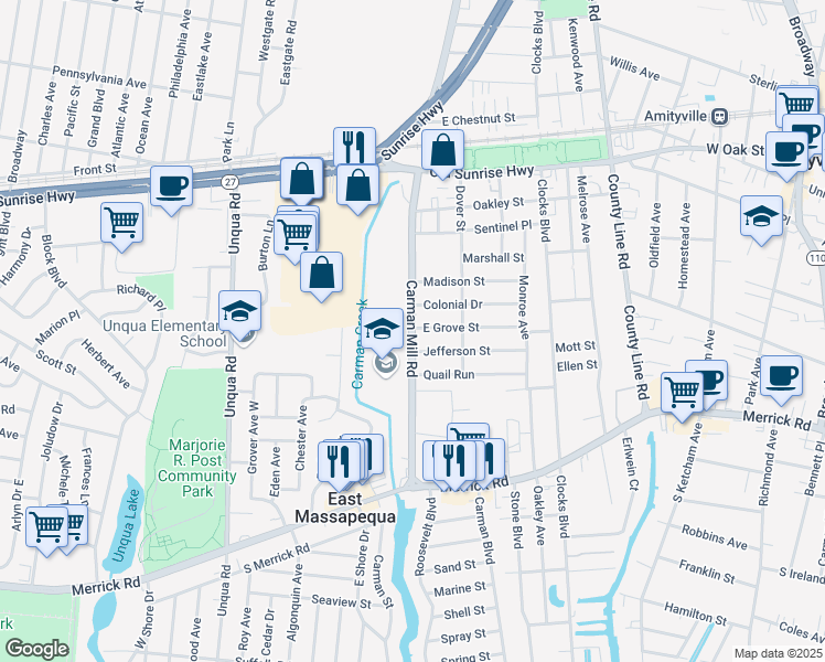 map of restaurants, bars, coffee shops, grocery stores, and more near 58 Carman Mill Road in Massapequa