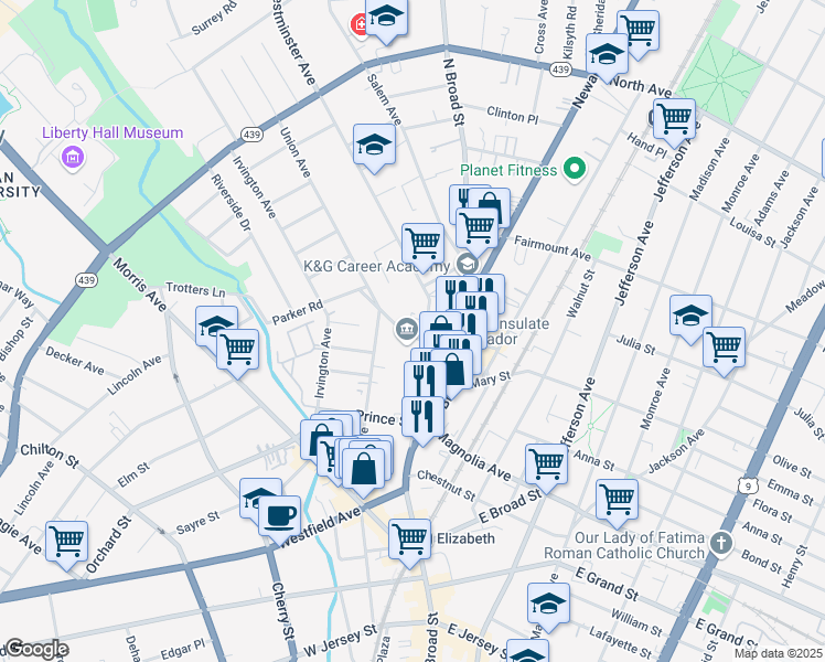 map of restaurants, bars, coffee shops, grocery stores, and more near 49 Parker Road in Elizabeth