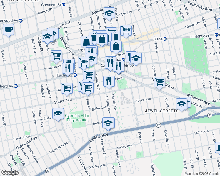 map of restaurants, bars, coffee shops, grocery stores, and more near 605 Autumn Avenue in Brooklyn