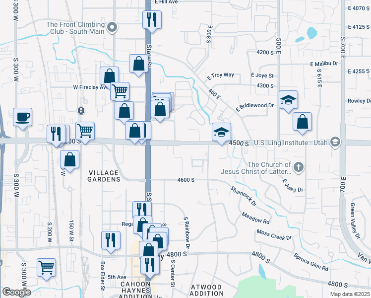 map of restaurants, bars, coffee shops, grocery stores, and more near 214 East 4500 South in Murray