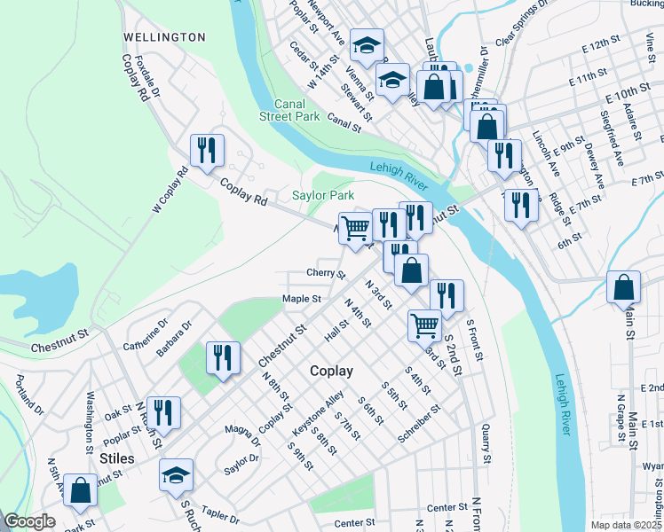 map of restaurants, bars, coffee shops, grocery stores, and more near 129 Cherry Street in Coplay