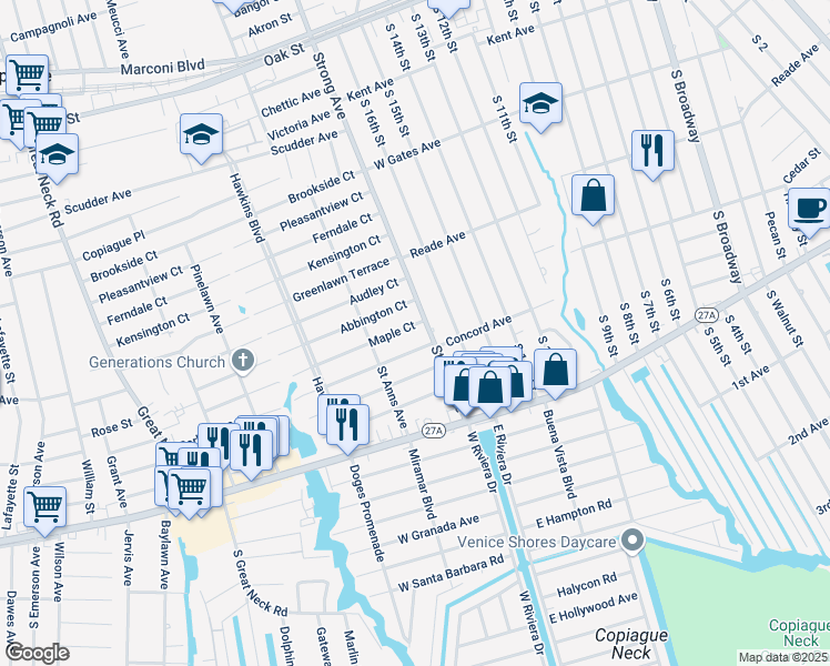 map of restaurants, bars, coffee shops, grocery stores, and more near 318 Maple Court in Copiague