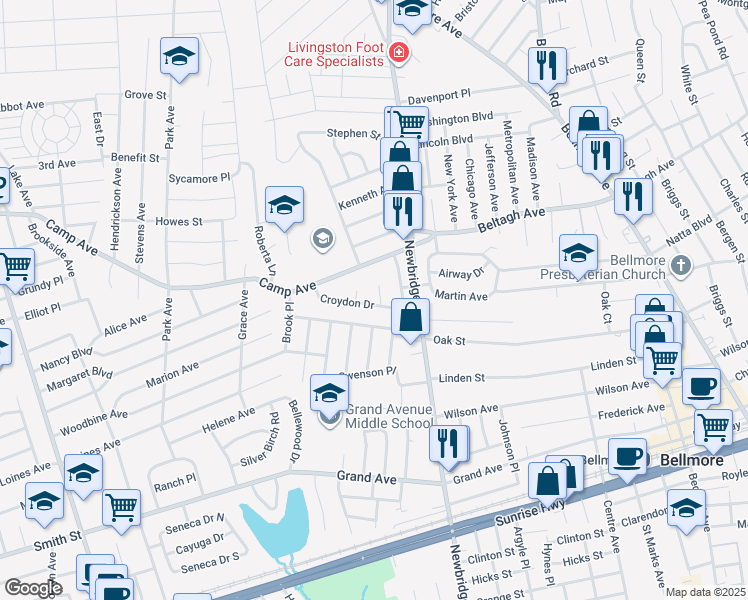 map of restaurants, bars, coffee shops, grocery stores, and more near 1 Surrey Lane in Bellmore