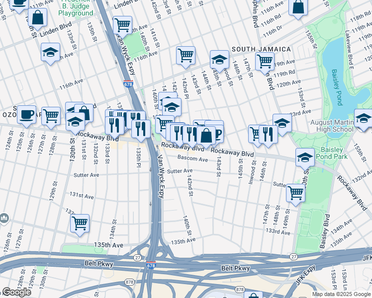 map of restaurants, bars, coffee shops, grocery stores, and more near 141-34 Rockaway Boulevard in Queens