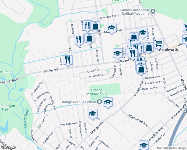 map of restaurants, bars, coffee shops, grocery stores, and more near 332 Roosevelt Lane in Kenilworth