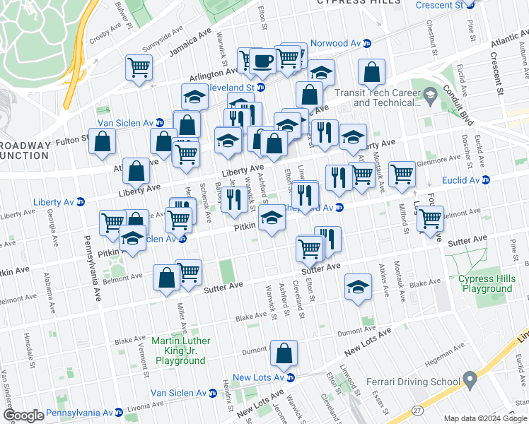 map of restaurants, bars, coffee shops, grocery stores, and more near 344 Ashford Street in Brooklyn