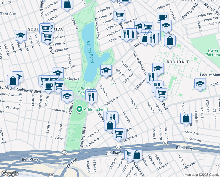 map of restaurants, bars, coffee shops, grocery stores, and more near 156-10 Baisley Boulevard in Queens