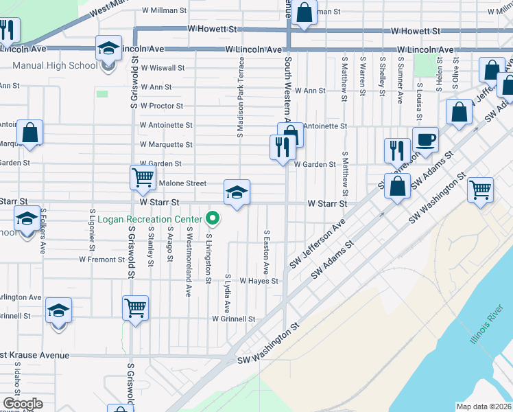 map of restaurants, bars, coffee shops, grocery stores, and more near 1300 South Faraday Avenue in Peoria
