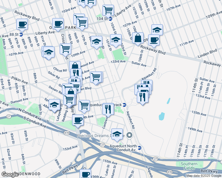 map of restaurants, bars, coffee shops, grocery stores, and more near 97-31 135th Road in Queens
