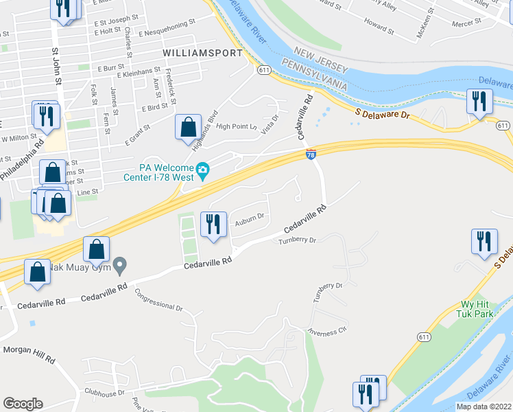 map of restaurants, bars, coffee shops, grocery stores, and more near 334 Cedar Park Boulevard in Easton