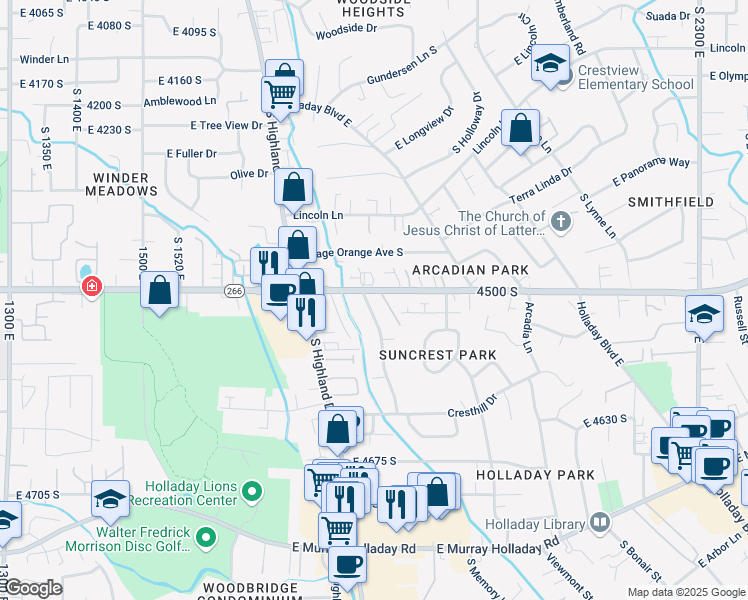 map of restaurants, bars, coffee shops, grocery stores, and more near 4511 South 1860 East in Holladay