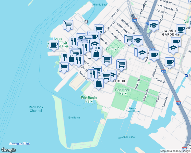 map of restaurants, bars, coffee shops, grocery stores, and more near 163 Dwight Street in Brooklyn