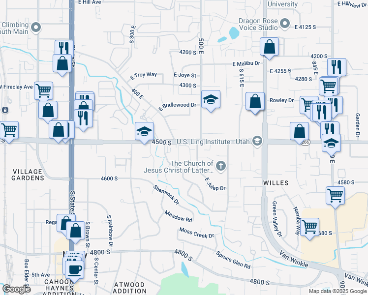 map of restaurants, bars, coffee shops, grocery stores, and more near 448 Damsel Drive in Murray