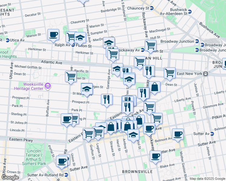 map of restaurants, bars, coffee shops, grocery stores, and more near 1958 Bergen Street in Brooklyn