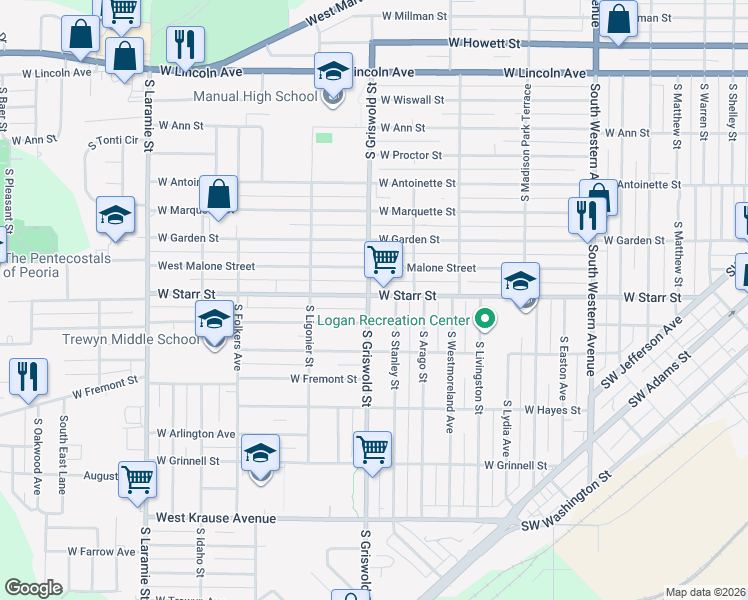 map of restaurants, bars, coffee shops, grocery stores, and more near 1300 South Griswold Street in Peoria