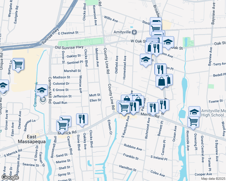 map of restaurants, bars, coffee shops, grocery stores, and more near 69 County Line Road in Amityville