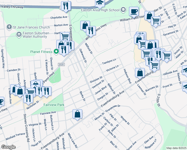 map of restaurants, bars, coffee shops, grocery stores, and more near 695 Oakwood St in Easton