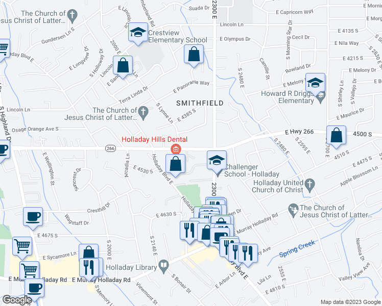 map of restaurants, bars, coffee shops, grocery stores, and more near 2238 East Grand Spruce Cove in Holladay