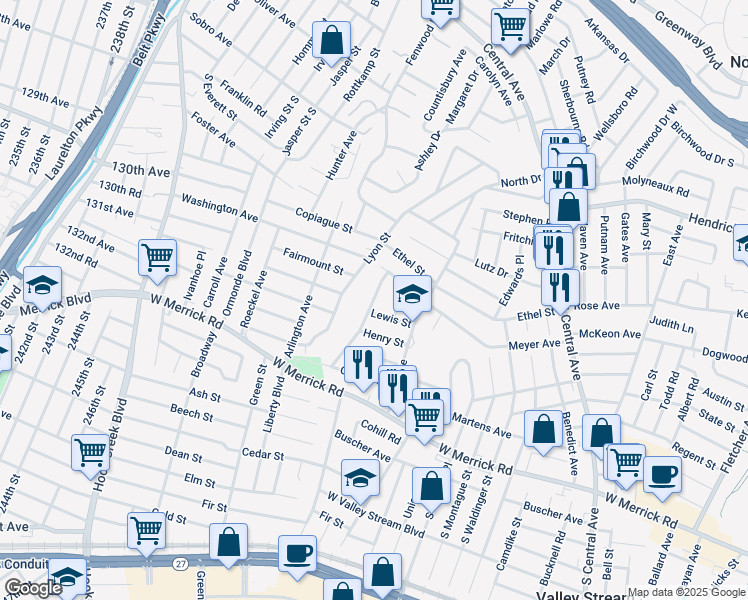 map of restaurants, bars, coffee shops, grocery stores, and more near 119 Guenther Avenue in Valley Stream