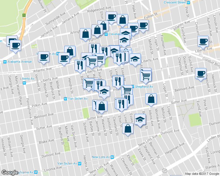 map of restaurants, bars, coffee shops, grocery stores, and more near 443 Cleveland Street in Brooklyn