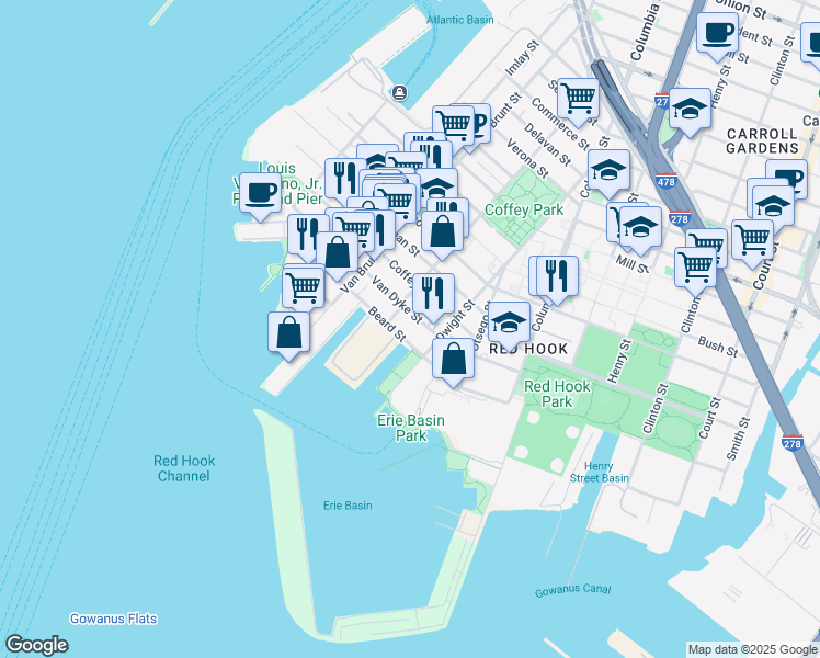 map of restaurants, bars, coffee shops, grocery stores, and more near 225 Richards Street in Brooklyn