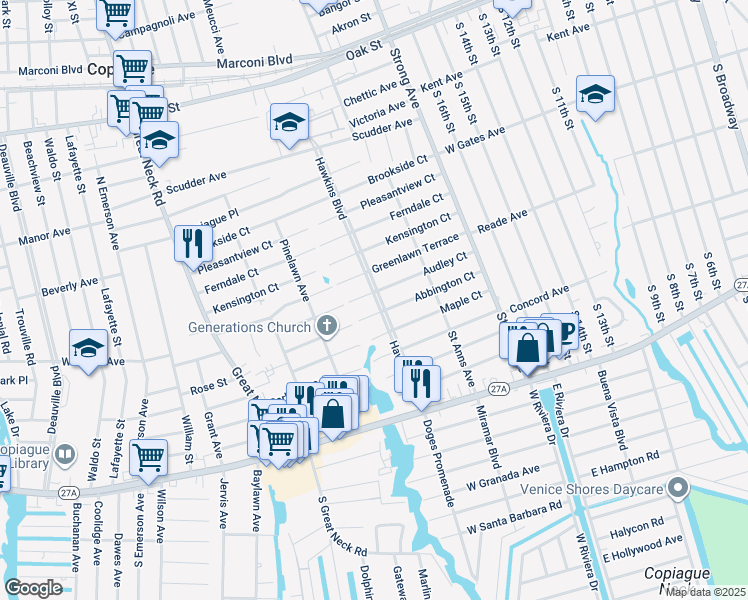 map of restaurants, bars, coffee shops, grocery stores, and more near 515 Hawkins Blvd in Copiague