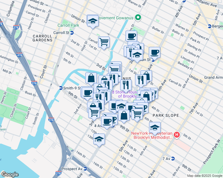 map of restaurants, bars, coffee shops, grocery stores, and more near 386 3rd Avenue in Brooklyn