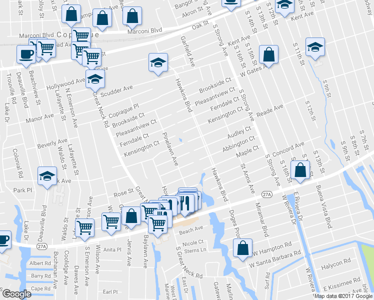 map of restaurants, bars, coffee shops, grocery stores, and more near 135 Audley Court in Copiague