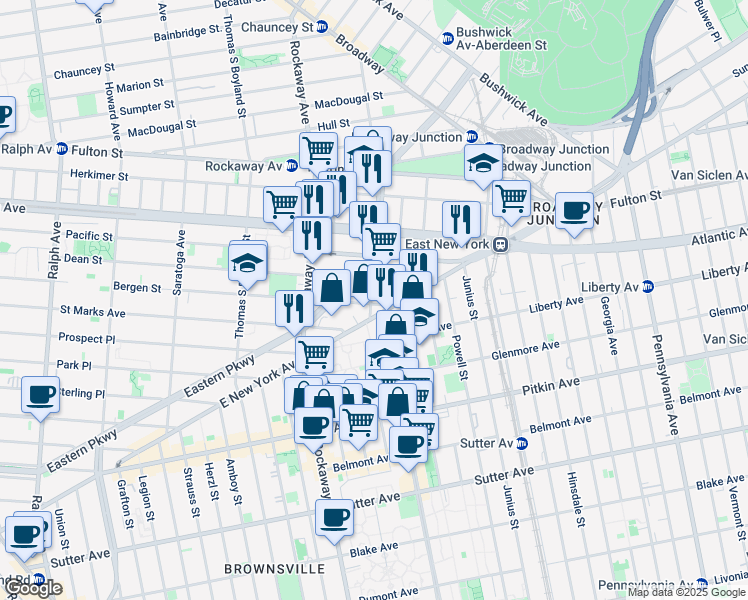 map of restaurants, bars, coffee shops, grocery stores, and more near 219 Mother Gaston Boulevard in Brooklyn