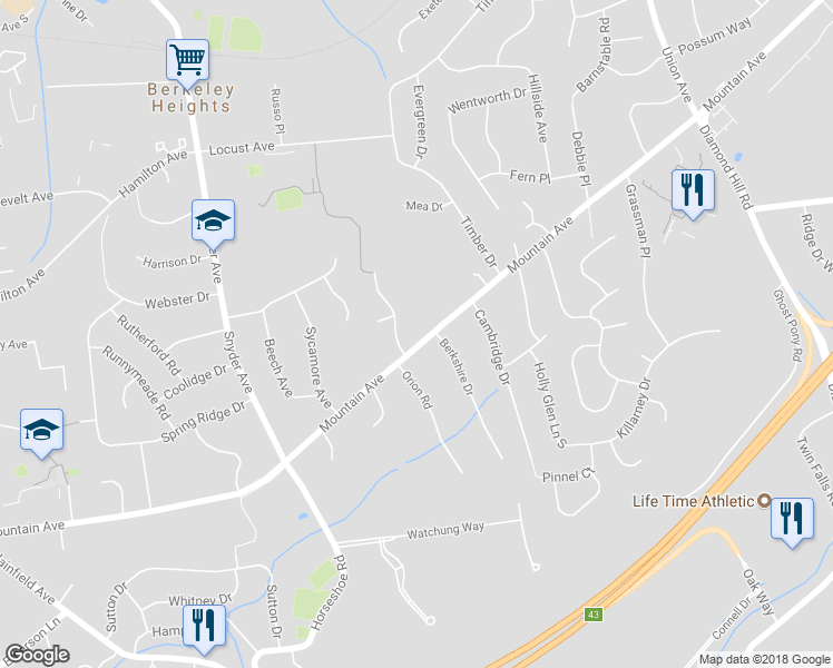 map of restaurants, bars, coffee shops, grocery stores, and more near 305 Mountain Avenue in Berkeley Heights