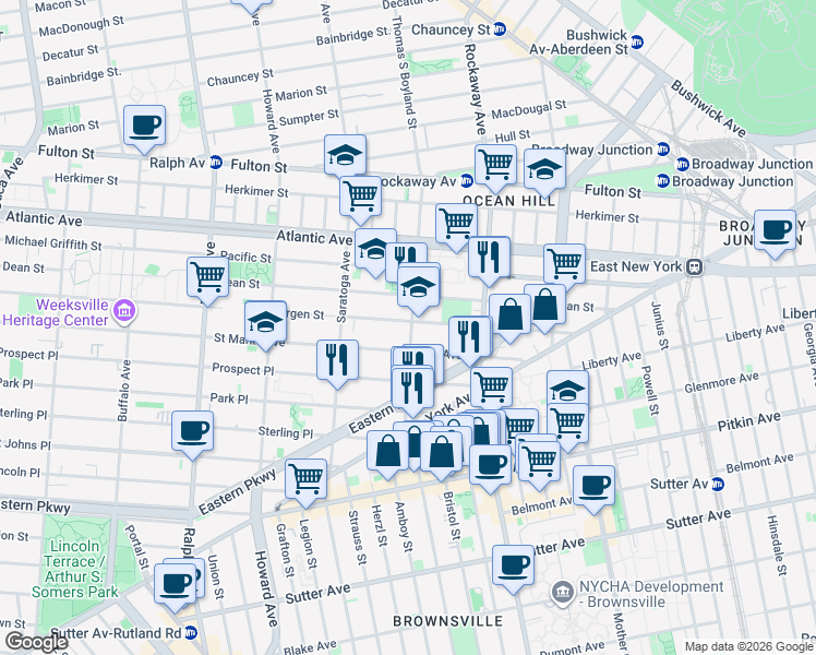 map of restaurants, bars, coffee shops, grocery stores, and more near 298 Thomas S Boyland Street in Brooklyn