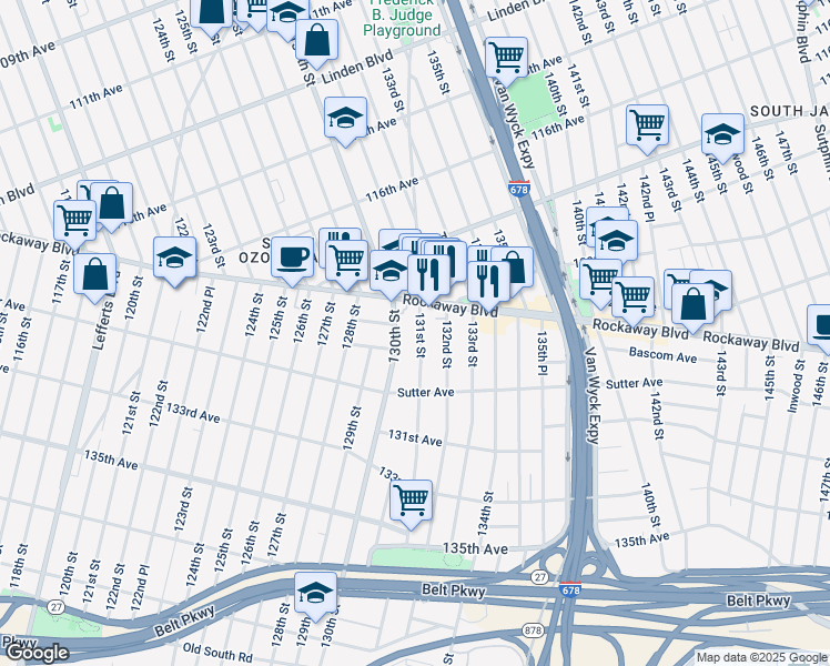 map of restaurants, bars, coffee shops, grocery stores, and more near 120-26 131st Street in Queens