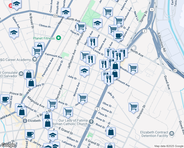map of restaurants, bars, coffee shops, grocery stores, and more near 587 Adams Avenue in Elizabeth