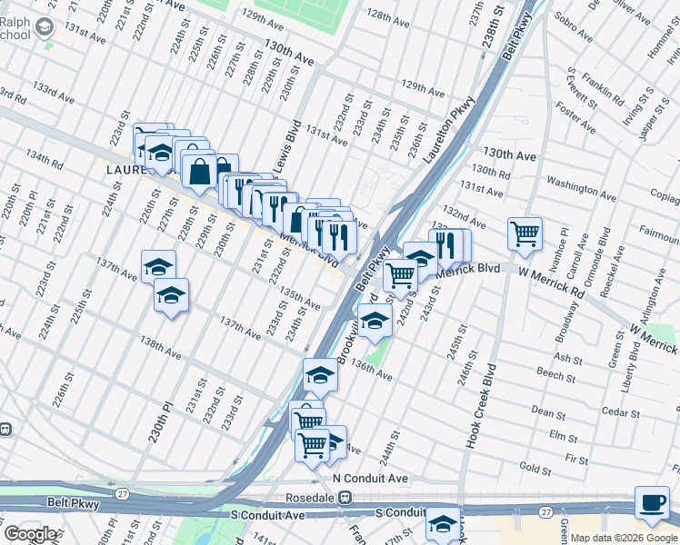 map of restaurants, bars, coffee shops, grocery stores, and more near 234-24 Merrick Boulevard in Queens