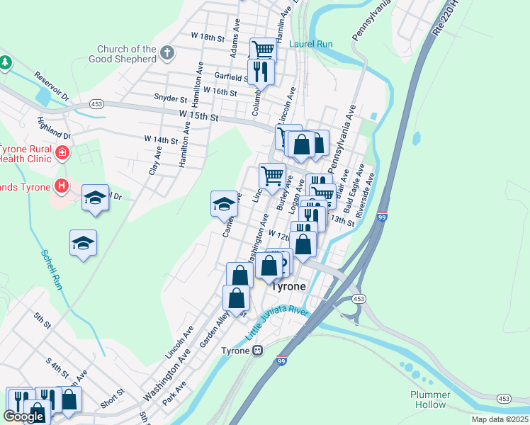 map of restaurants, bars, coffee shops, grocery stores, and more near 1246 Washington Avenue in Tyrone