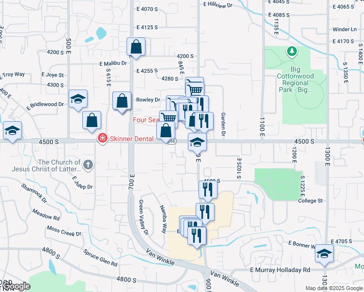 map of restaurants, bars, coffee shops, grocery stores, and more near 860 Utah 266 in Millcreek