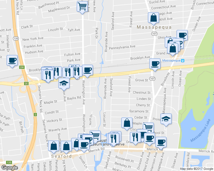 map of restaurants, bars, coffee shops, grocery stores, and more near 79 Riverside Avenue in Massapequa