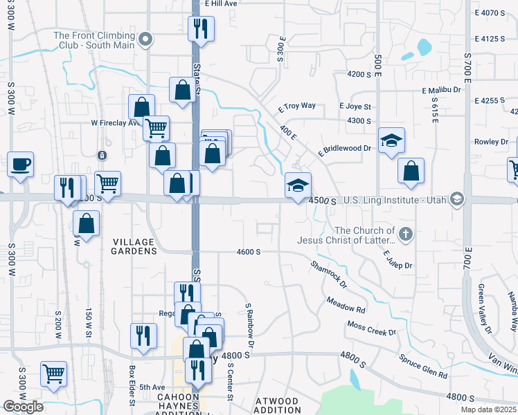 map of restaurants, bars, coffee shops, grocery stores, and more near 214 East 4500 South in Murray