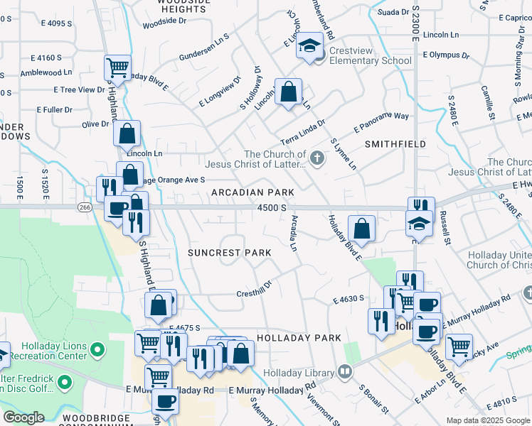 map of restaurants, bars, coffee shops, grocery stores, and more near 2012 East 4500 South in Salt Lake City