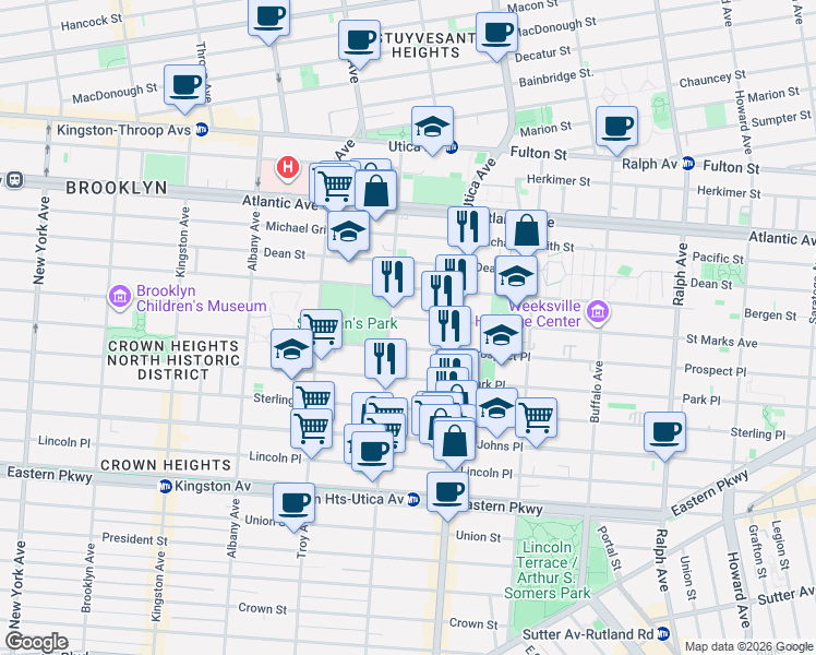 map of restaurants, bars, coffee shops, grocery stores, and more near 1152 Saint Marks Avenue in Brooklyn